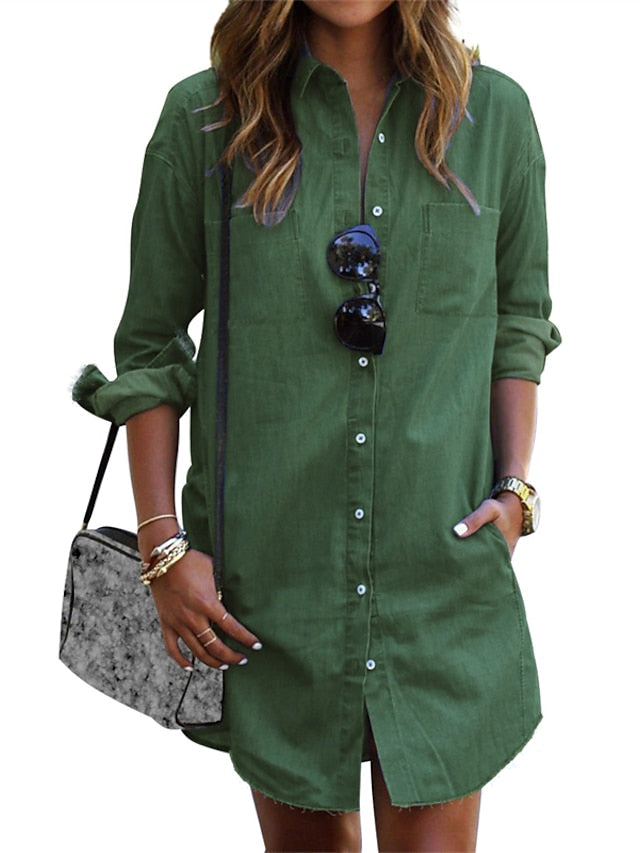 Women's Denim Dress Shirt Dress Shift Dress Mini Dress Outdoor Winter Dress Daily Cotton Denim Casual Shirt Collar Button Pocket Long Sleeve Summer Spring Fall Regular Fit Black Army Green Dark