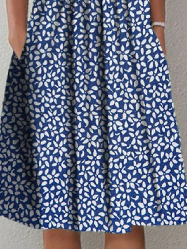 Women's Casual Dress Midi Dress Blue Short Sleeve Floral Ruched Spring Summer Crew Neck Basic S M L XL XXL 3XL