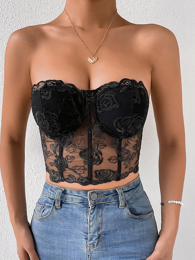 Women's Corset Bustier Black White Pink Floral Lace Backless Sleeveless Holiday Weekend Streetwear Sexy Y2K Strapless Crop Floral S