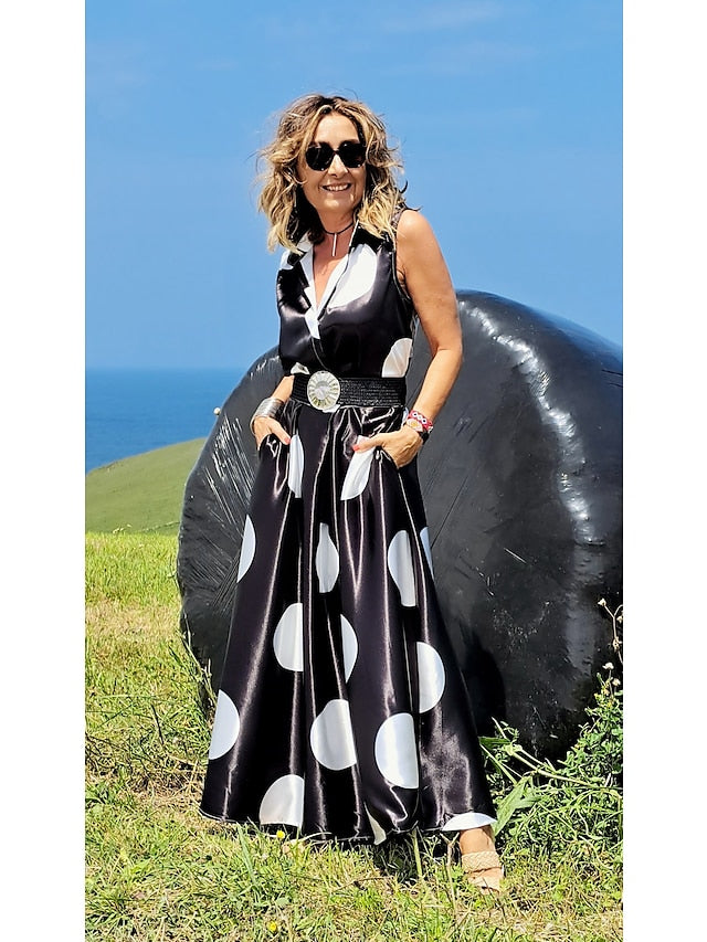 Women's Shirt Dress Casual Dress Swing Dress Maxi long Dress Outdoor Office Daily Satin Fashion Modern Shirt Collar Button Pocket Sleeveless Summer Spring Regular Fit Black White Green Polka Dot