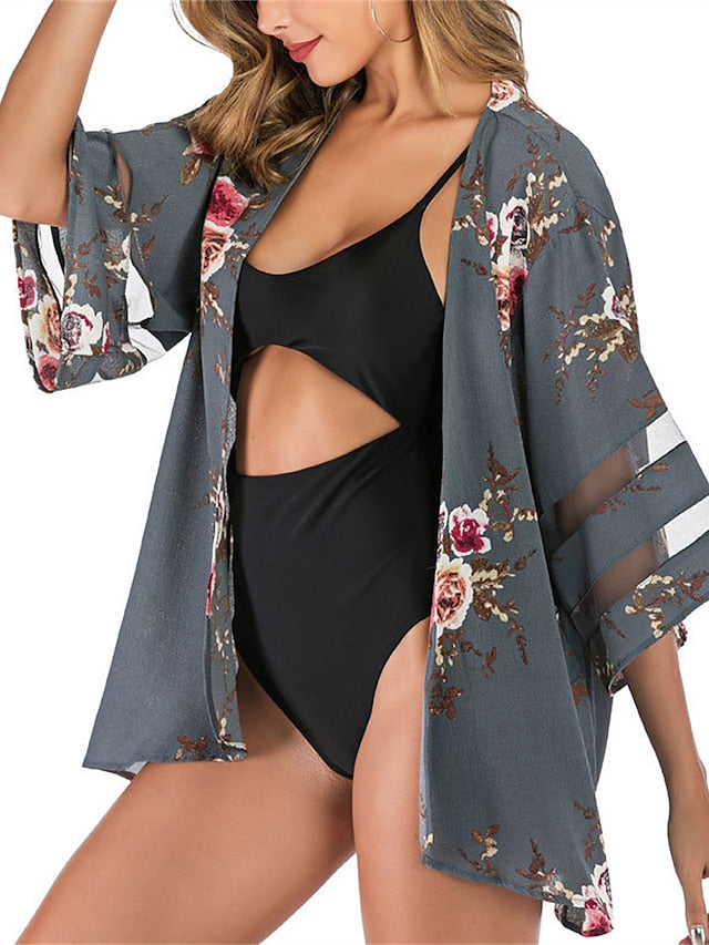 Women's Casual Jacket Outdoor Daily Vacation Spring Regular Coat Regular Fit Breathable Bohemian Style Casual Daily Minimalism Jacket 3/4 Length Sleeve Floral Plain Oversize Print Black White Pink