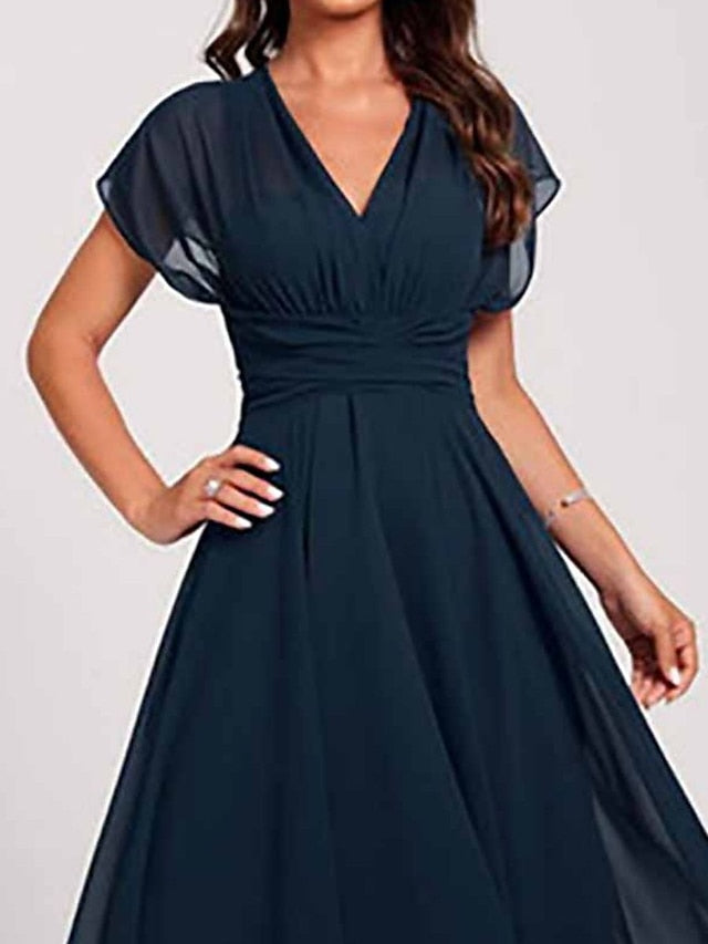 Women's Wedding Guest Dress Swing Dress Semi Formal Dress Midi Dress Blue Short Sleeve Pure Color Mesh Summer Spring Fall V Neck Wedding Guest Vacation Spring Dress S M L XL 2XL 3XL