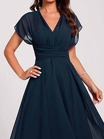 Women's Wedding Guest Dress Swing Dress Semi Formal Dress Midi Dress Blue Short Sleeve Pure Color Mesh Summer Spring Fall V Neck Wedding Guest Vacation Spring Dress S M L XL 2XL 3XL