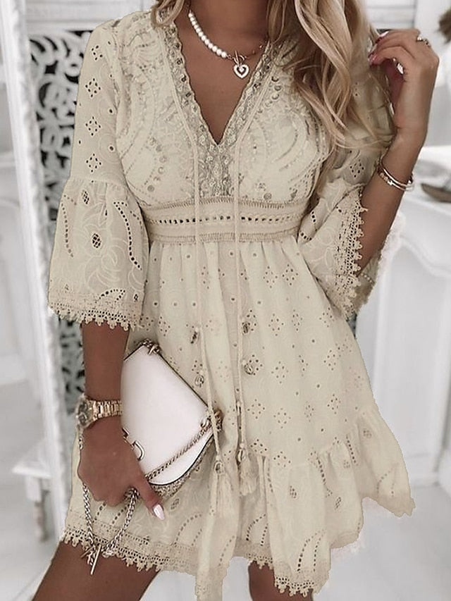 Women's Party Dress Casual Dress Lace Dress Mini Dress White Beige 3/4 Length Sleeve Embroidery Ruched Summer Spring Fall V Neck Fashion Wedding Summer Dress Office S M L XL 2XL 3XL