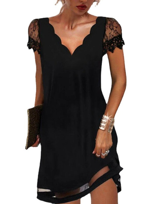 Women's Lace Dress A Line Dress Short Mini Dress Black Short Sleeve Pure Color Lace Spring Summer V Neck Elegant Loose S M L XL XXL XXXL / Party Dress