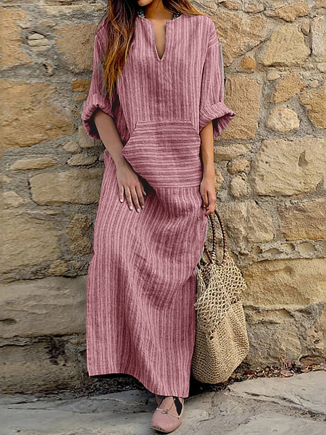 Women's Cotton Linen Dress Casual Dress Tartan Dress Maxi long Dress Cotton And Linen Casual Outdoor Daily Holiday Split Neck Rolled Cuff Print Long Sleeve Summer Spring Fall Loose Fit Red Green