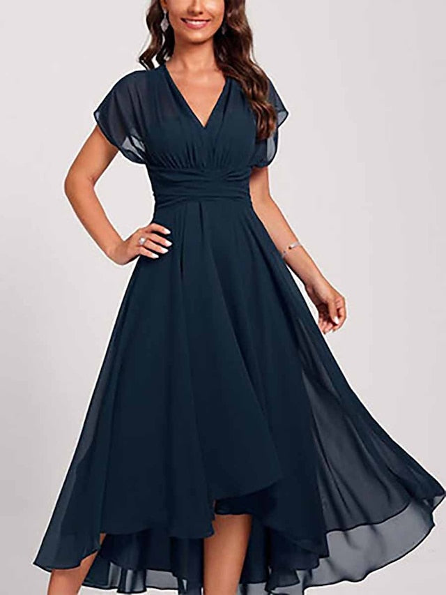 Women's Wedding Guest Dress Swing Dress Semi Formal Dress Midi Dress Blue Short Sleeve Pure Color Mesh Summer Spring Fall V Neck Wedding Guest Vacation Spring Dress S M L XL 2XL 3XL