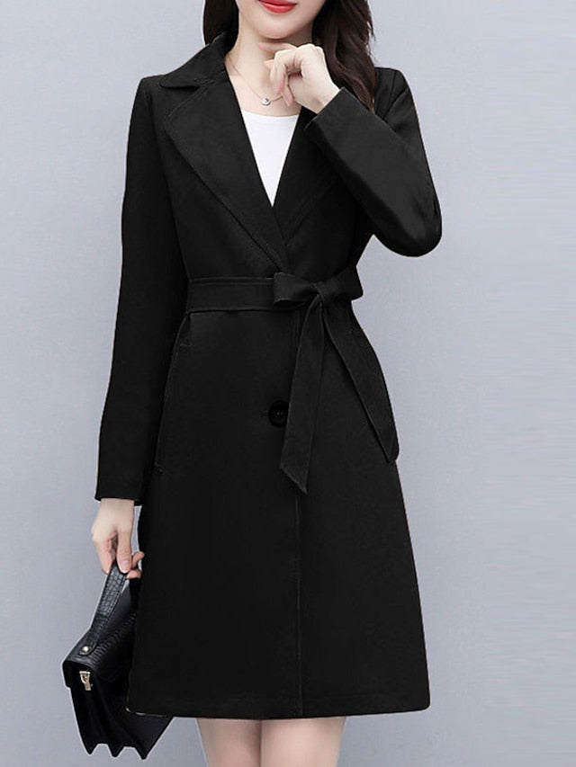 Women's Trench Coat Warm Breathable Outdoor Office Work Button Pocket Single Breasted Turndown OL Style Elegant Modern Solid Color Regular Fit Outerwear Long Sleeve Winter Fall Black Wine Khaki M L