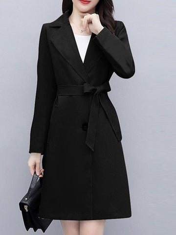 Women's Trench Coat Warm Breathable Outdoor Office Work Button Pocket Single Breasted Turndown OL Style Elegant Modern Solid Color Regular Fit Outerwear Long Sleeve Winter Fall Black Wine Khaki M L