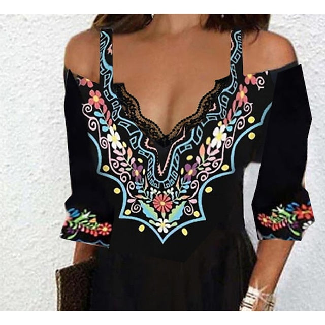 Women's Casual Dress Ethnic Dress Mini Dress Black 3/4 Length Sleeve Pure Color Print Summer Spring Fall V Neck Stylish S M L XL XXL 3XL