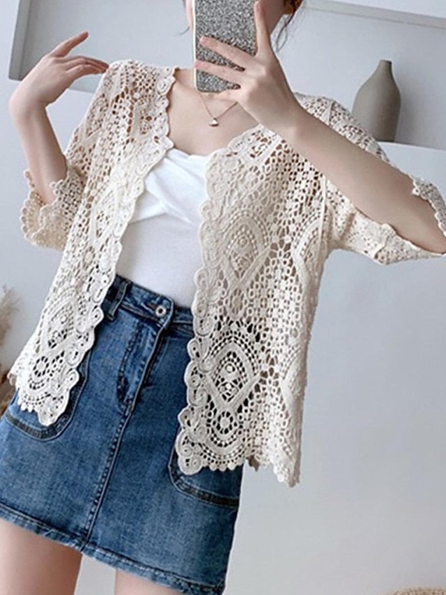 Women's Cardigan Sweater Jumper Crochet Knit Embroidered Hole Solid Color Open Front Stylish Casual Daily Going out Summer Spring White Beige One-Size