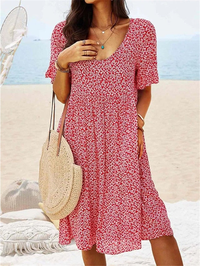 Women's Casual Dress Floral Dress Boho Dress Floral Print Square Neck Midi Dress Active Fashion Outdoor Daily Short Sleeve Regular Fit Yellow Red Dark Blue Summer Spring S M L XL XXL