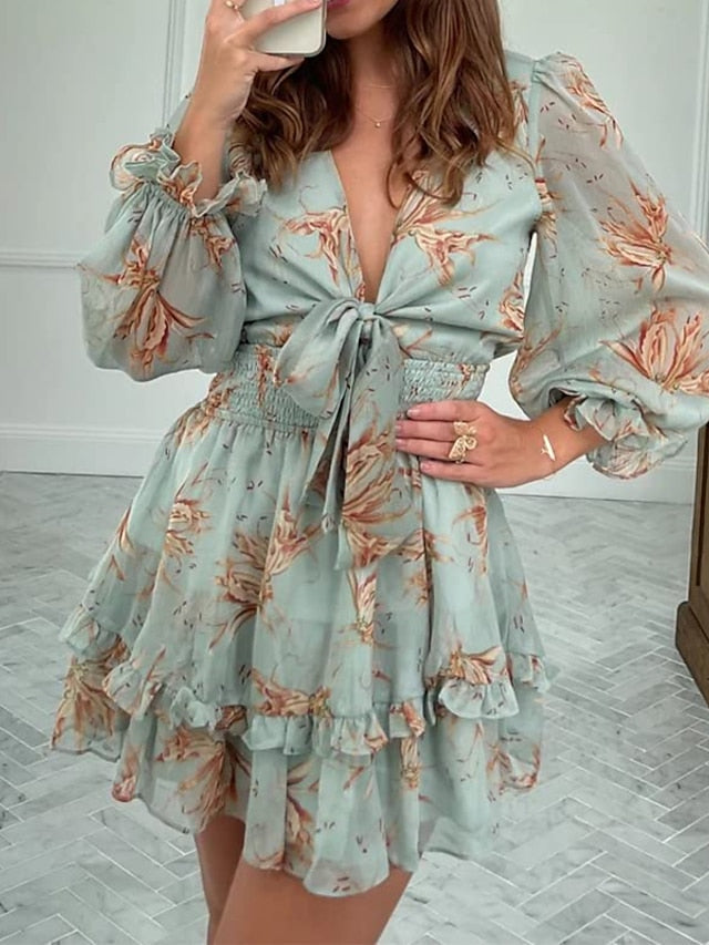 Women's Casual Dress Chiffon Dress A Line Dress Mini Dress Pink Green Gray Long Sleeve Floral Print Summer Spring Deep V Vacation S M L XL