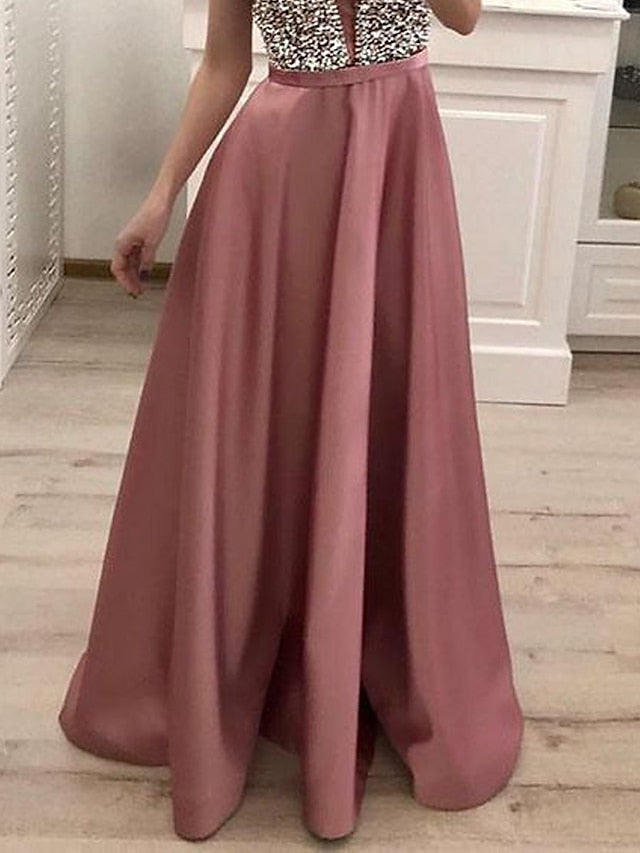 Women's Prom Dress Party Dress Sequin Dress Long Dress Maxi Dress Pink Sleeveless Pure Color Sequins Summer Spring Fall Deep V Fashion Evening Party Wedding Guest Vacation Slim S M L XL