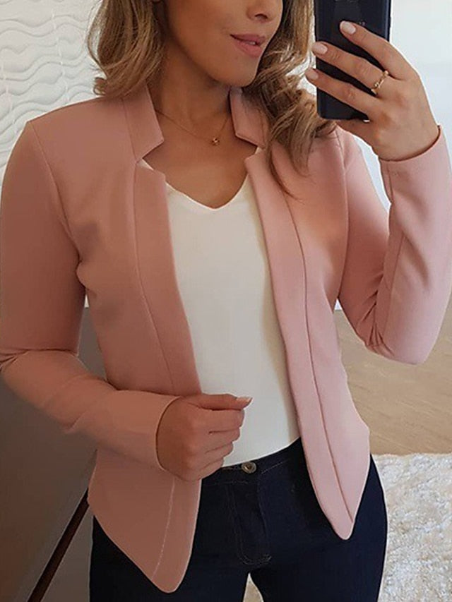 Women's Blazer Solid Color Classic Office / Business Long Sleeve Coat Spring Fall Causal Open Front Regular Jacket Light Pink