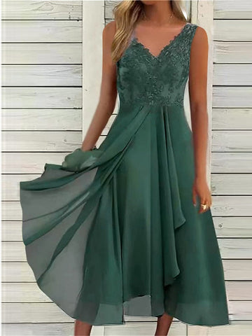 Women's Wedding Guest Dress Party Dress Lace Dress Midi Dress Blue Green Sleeveless Pure Color Lace Summer Spring Fall Spaghetti Strap Fashion Wedding Guest Vacation Summer Dress S M L XL 2XL 3XL