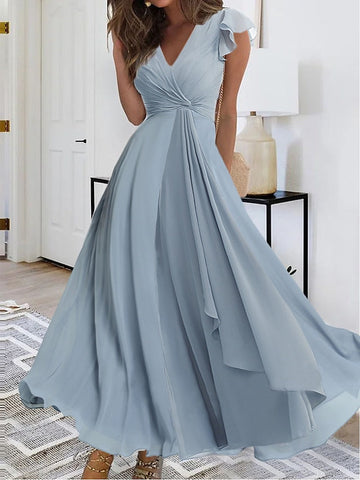 Women's Prom Dress Party Dress Wedding Guest Dress Long Dress Maxi Dress Blue Sleeveless Pure Color Layered Summer Spring Fall V Neck Fashion Evening Party Wedding Guest Summer Dress S M L XL