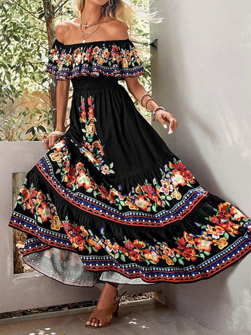 Women's Long Dress Maxi Dress Casual Dress Ethnic Dress A Line Dress Floral Retro Vintage Daily Holiday Vacation Ruffle Print Short Sleeve Off Shoulder Dress Regular Fit Black Summer Spring S M L XL