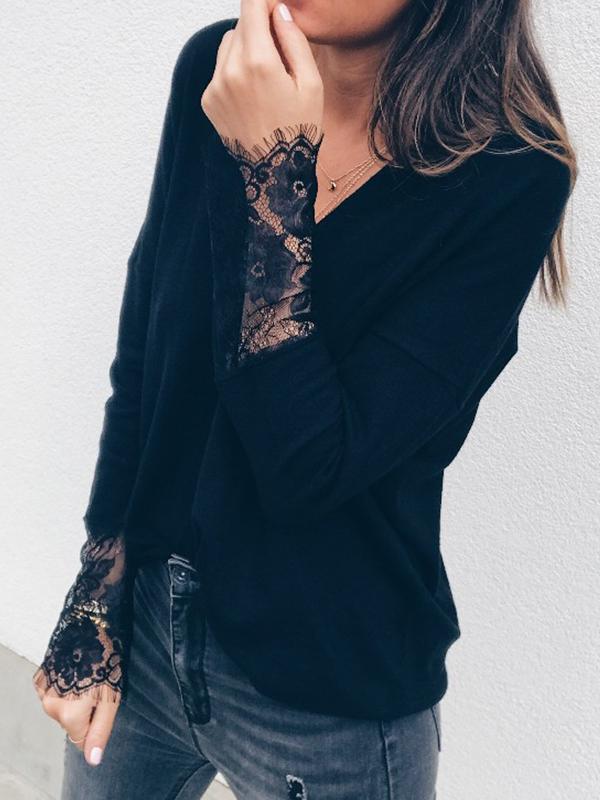 V Neck Lace Sleeve Plain Long Sleeve Woman Daily T-shirt