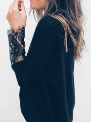 V Neck Lace Sleeve Plain Long Sleeve Woman Daily T-shirt