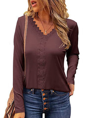 V neck lace design long sleeve T-shirts tops for women