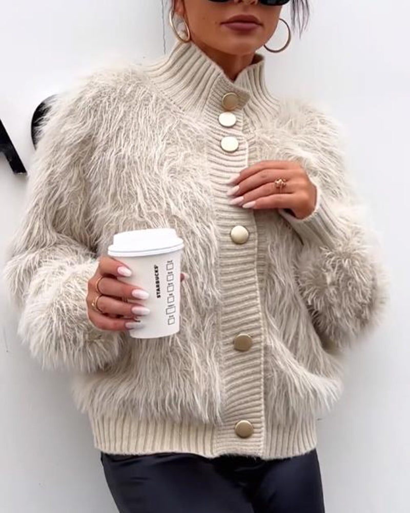 Women's Faux Fur Sweater Cardigan Knitted Turtleneck Jumper Fluffy Coat