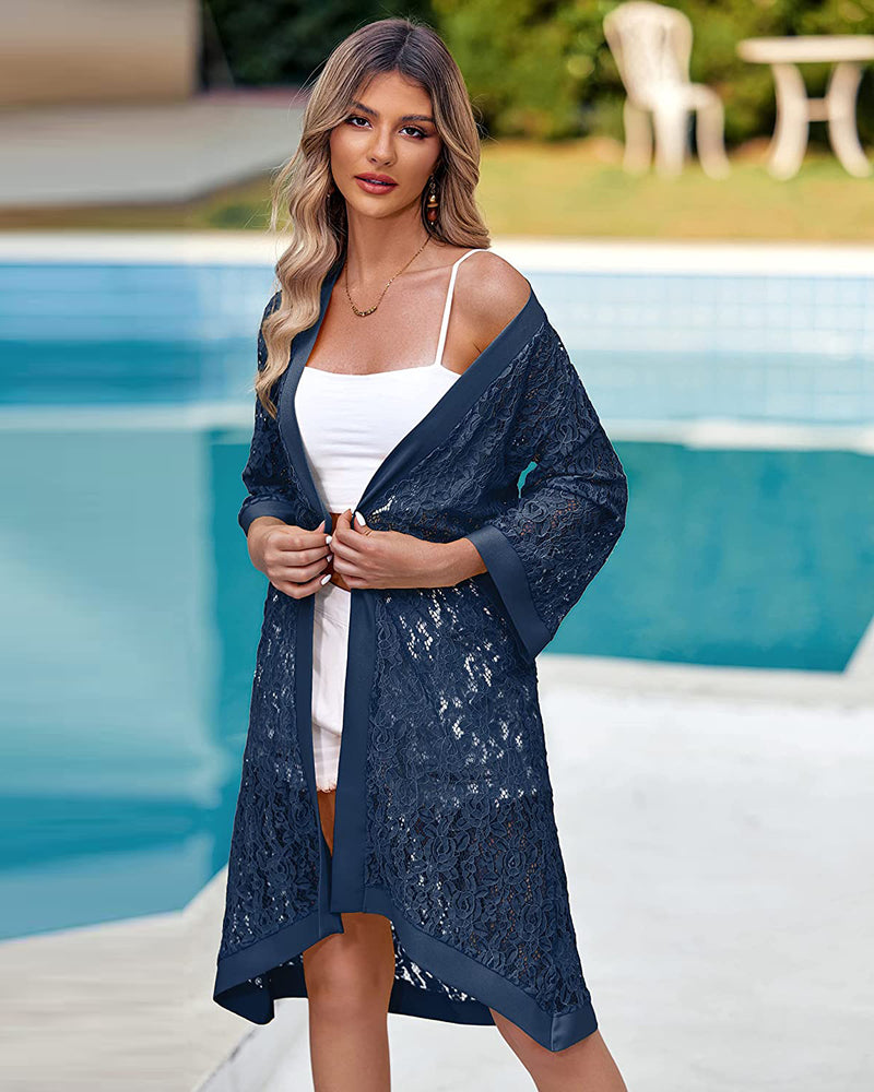 Zeagoo Women Lace Crochet Coverups Open Front Cardigan Sheer Cover Up 3/4 Sleeve Kimono (US Only)
