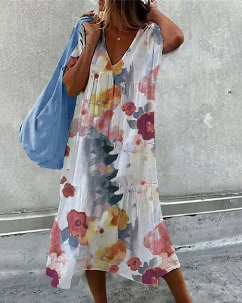 Baggy Floral Print Swing Midi Dress Short Sleeve Casual Beach Sundress