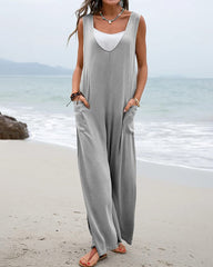 Wide Leg Jumpsuit Sleeveless V-Neck Casual Loose Jumpsuit Comfy Baggy Tank Romper with Pockets