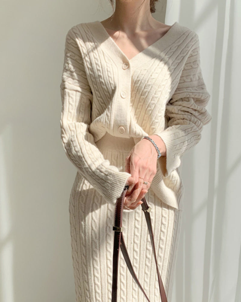 Women's Elegant Two Pieces Sweater Outfits Open Front Cardigan and Bodycon Skirt Sets
