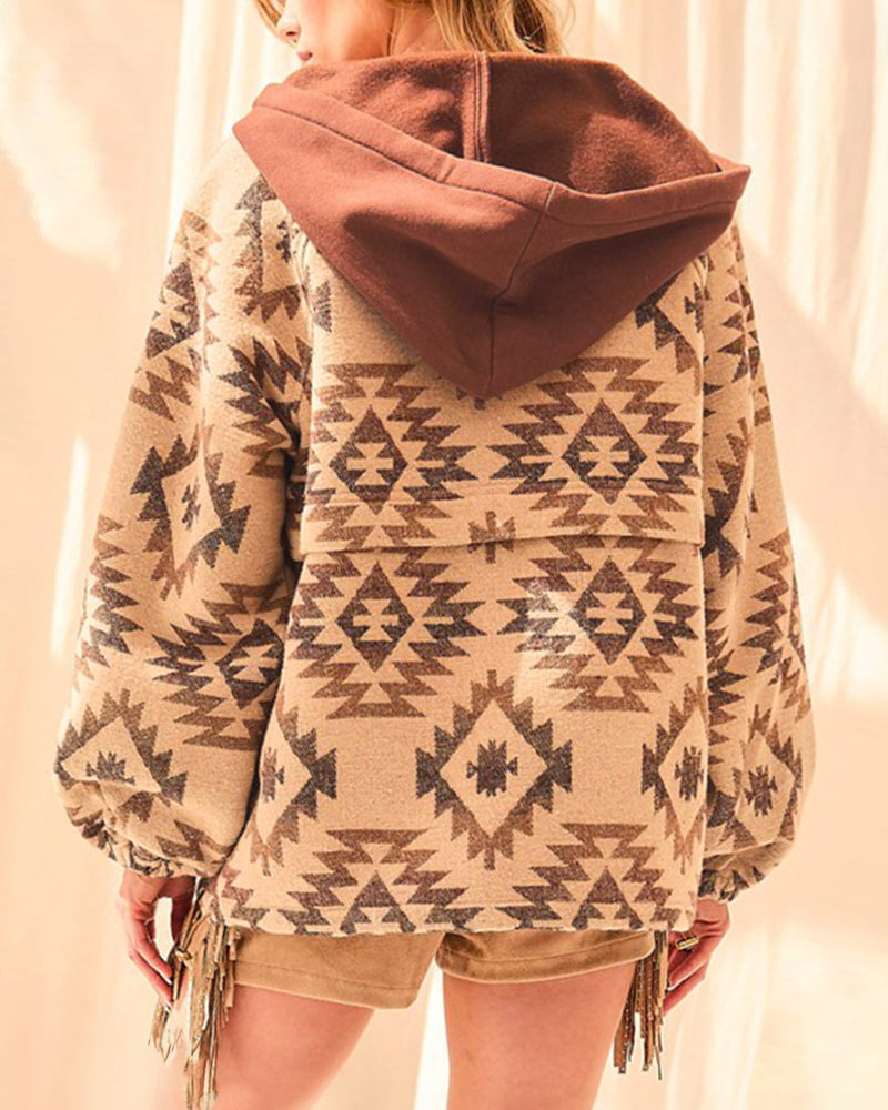 Aztec Pull Over Hoodie with Zipper and Side Pockets, Long Sleeve BOHO Western style