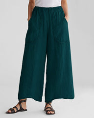 Basic Mid Elastic Waist Wide Legs Cotton Cropped Beach Pants Trousers with Pockets