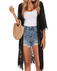 Women's Lace Cardigan Floral Crochet Long Kimono 3/4 Sleeve Mesh Bathing Suit Cover Ups - Zeagoo (Us Only)