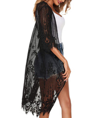 Women's Lace Cardigan Floral Crochet Long Kimono 3/4 Sleeve Mesh Bathing Suit Cover Ups - Zeagoo (Us Only)