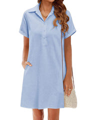 Womens Cotton Shirt Dress Summer Casual Short Sleeve Button Down Beach Cover Up Shirts with Pockets - Zeagoo (Us Only)