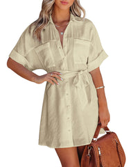 Women's Shirt Dress Button Down V Neck Blouse Short Roll-up Sleeve Tunic Tops with Pockets - Zeagoo (Us Only)
