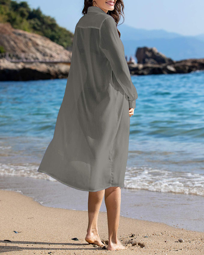 Women's Swimsuit Beach Cover Up Cardigan Bathing Suit Button Down Shirt Roll-up Sleeve Bikini Beach Wear S-3XL - Zeagoo (Us Only)