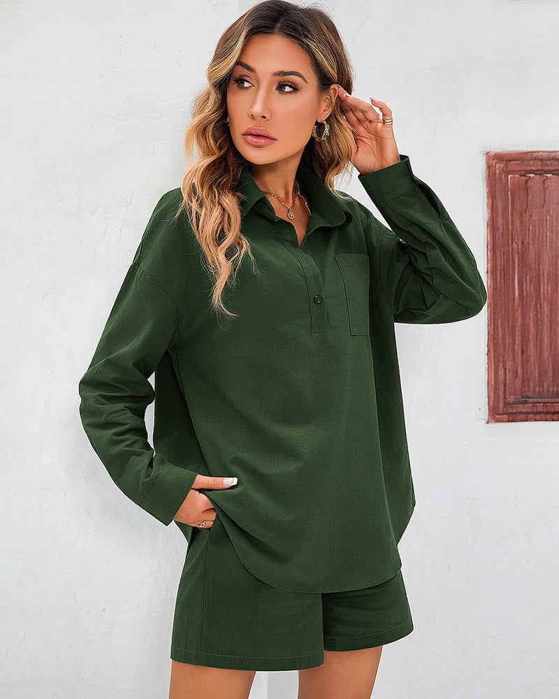 Womens 2 Piece Outfits Lounge Sets Cotton Linen Long Sleeve V-Neck Shirt and Mini Shorts With Pockets - Zeagoo (Us Only)