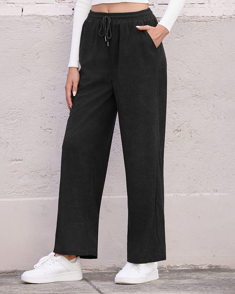 Womens Corduroy Pants Elastic Waist Drawstring Long Pants Casual Loose Straight Leg Trousers with Pockets - Zeagoo (Us Only)