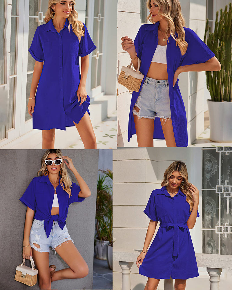 Women's Shirt Dress Button Down V Neck Blouse Short Roll-up Sleeve Tunic Tops with Pockets - Zeagoo (Us Only)