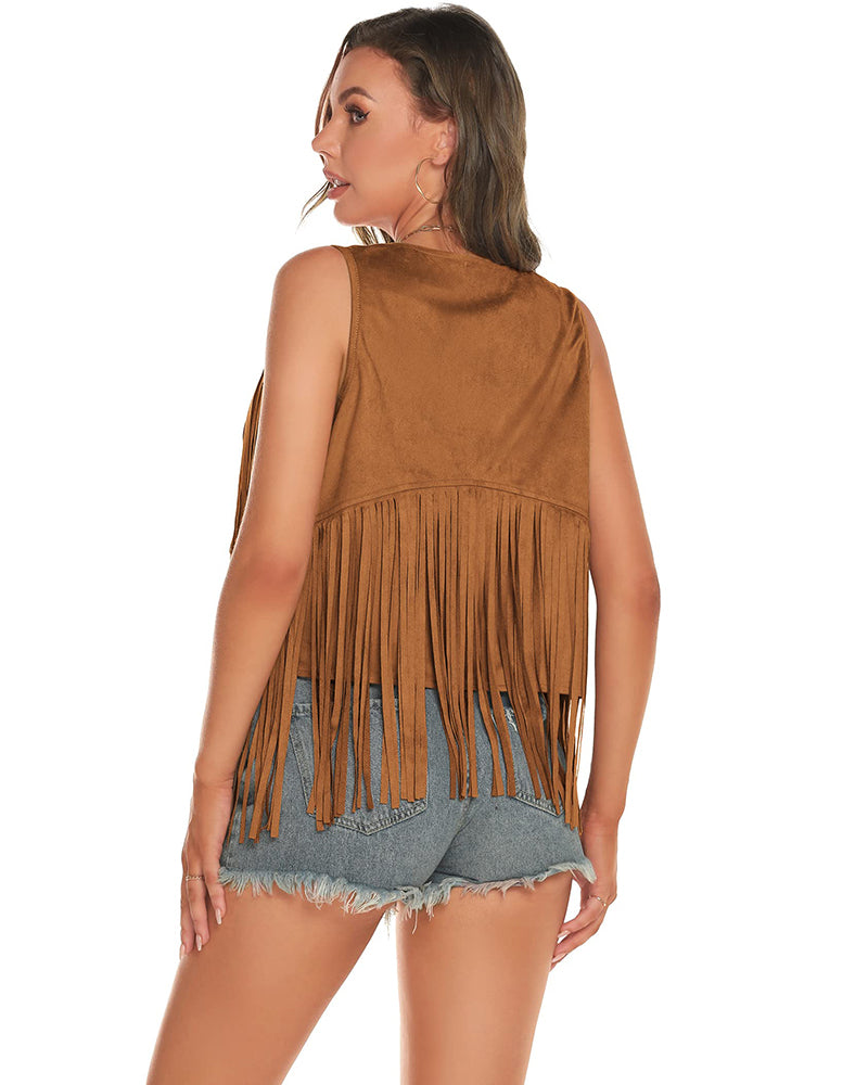 Women's Tassel Sleeveless Vest 70s Outfits for Women Hippie Clothes Fringe Jacket Cardigan S-XXL - Zeagoo (Us Only)