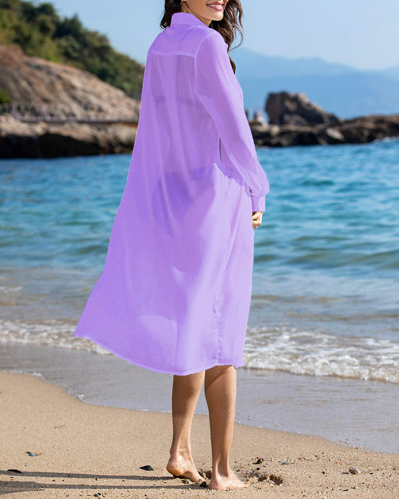 Women's Swimsuit Beach Cover Up Cardigan Bathing Suit Button Down Shirt Roll-up Sleeve Bikini Beach Wear S-3XL - Zeagoo (Us Only)