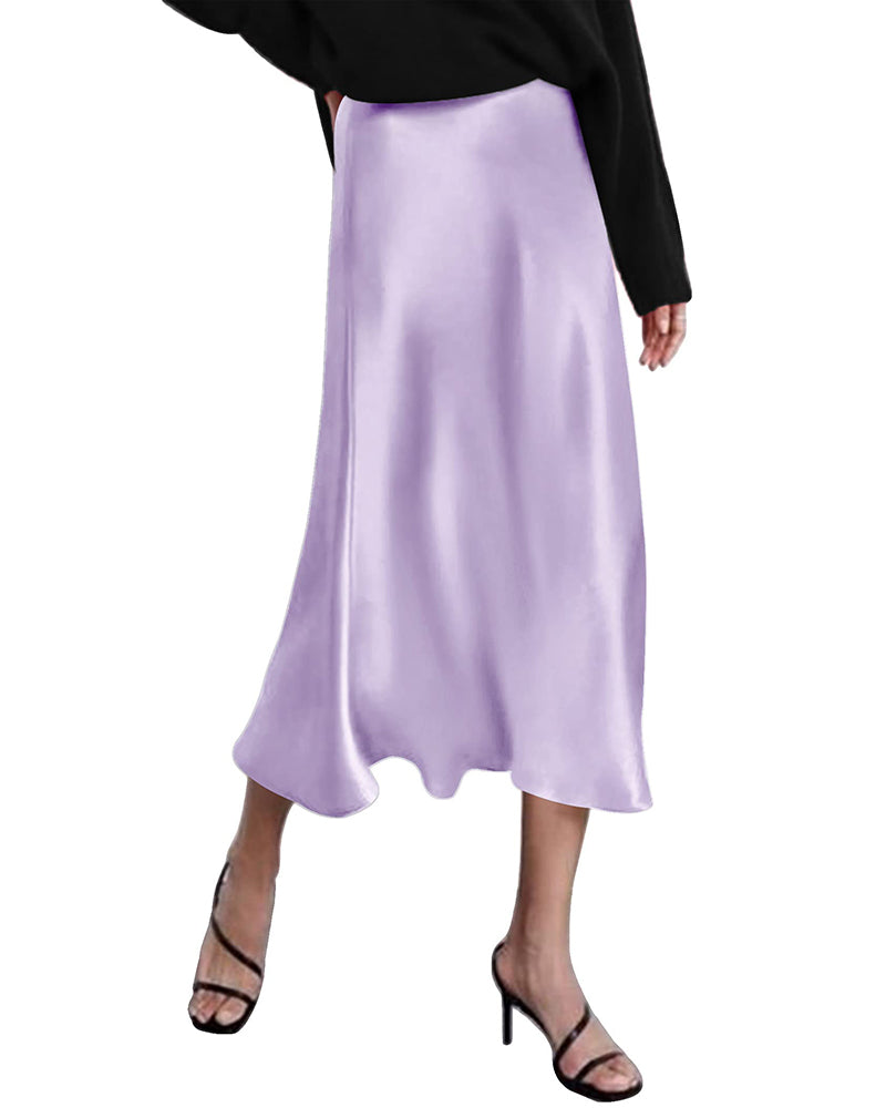 Womens Midi Skirt High Waisted Solid Satin Dress Zipper Elegant Work Skirts - Zeagoo (Us Only)