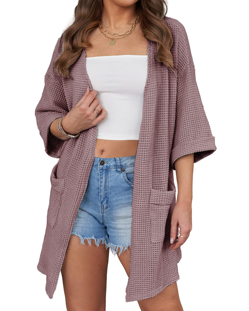 Women's Summer Cardigans 3/4 Sleeve Open Front Cardigan Duster Waffle Knit Kimono Swimsuit Cover Ups - Zeagoo (Us Only)