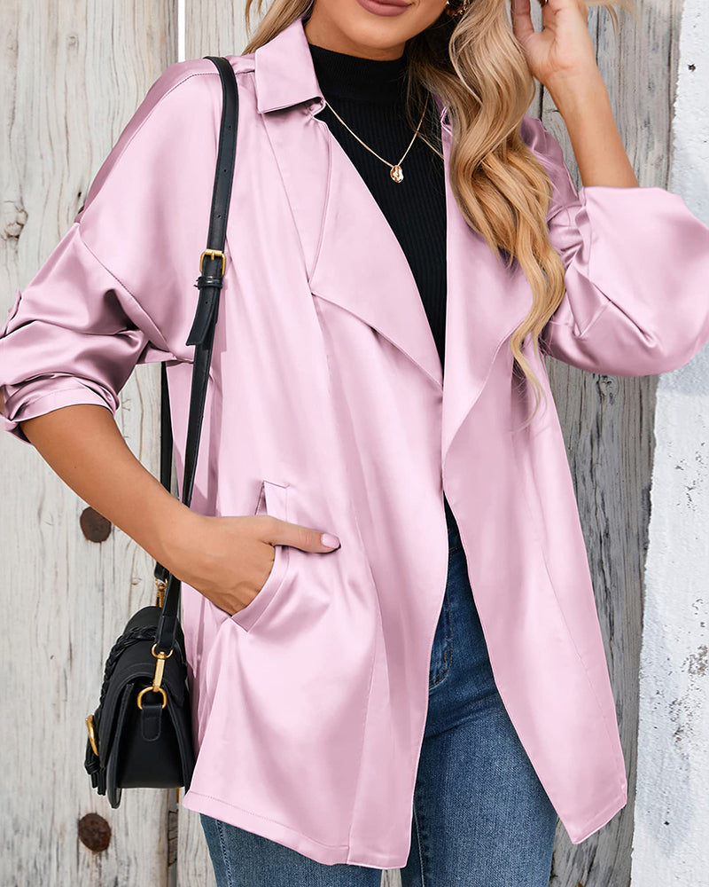 Womens Oversized Blazer Jackets Satin Roll Sleeve Open Front Casual Work Cardigan Jacket with Pockets - Zeagoo (Us Only)