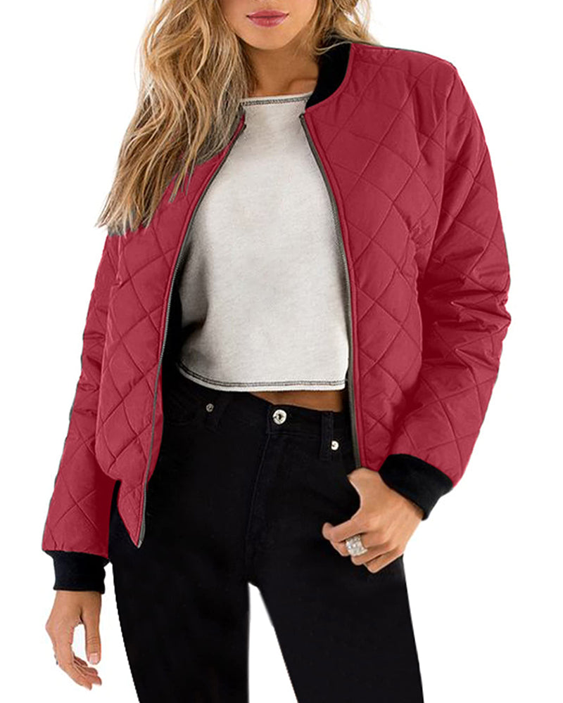Women's Quilted Bomber Jacket Casual Coat Zip Up Outerwear Windbreaker with Pockets - Zeagoo (Us Only)