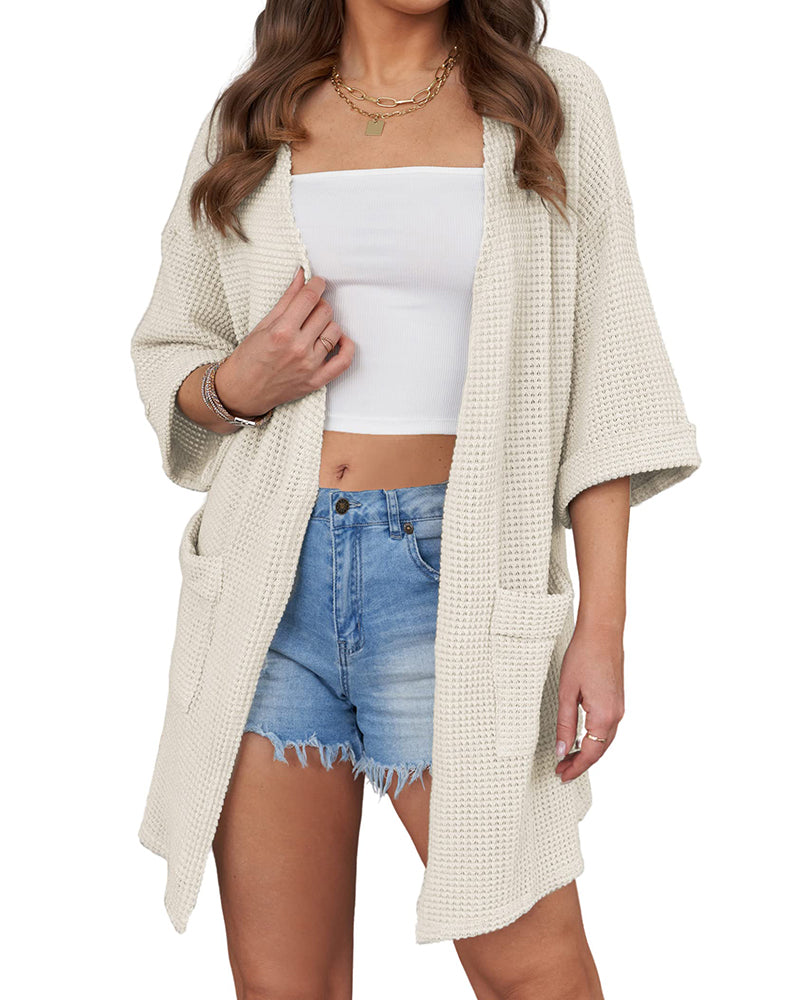 Women's Summer Cardigans 3/4 Sleeve Open Front Cardigan Duster Waffle Knit Kimono Swimsuit Cover Ups - Zeagoo (Us Only)
