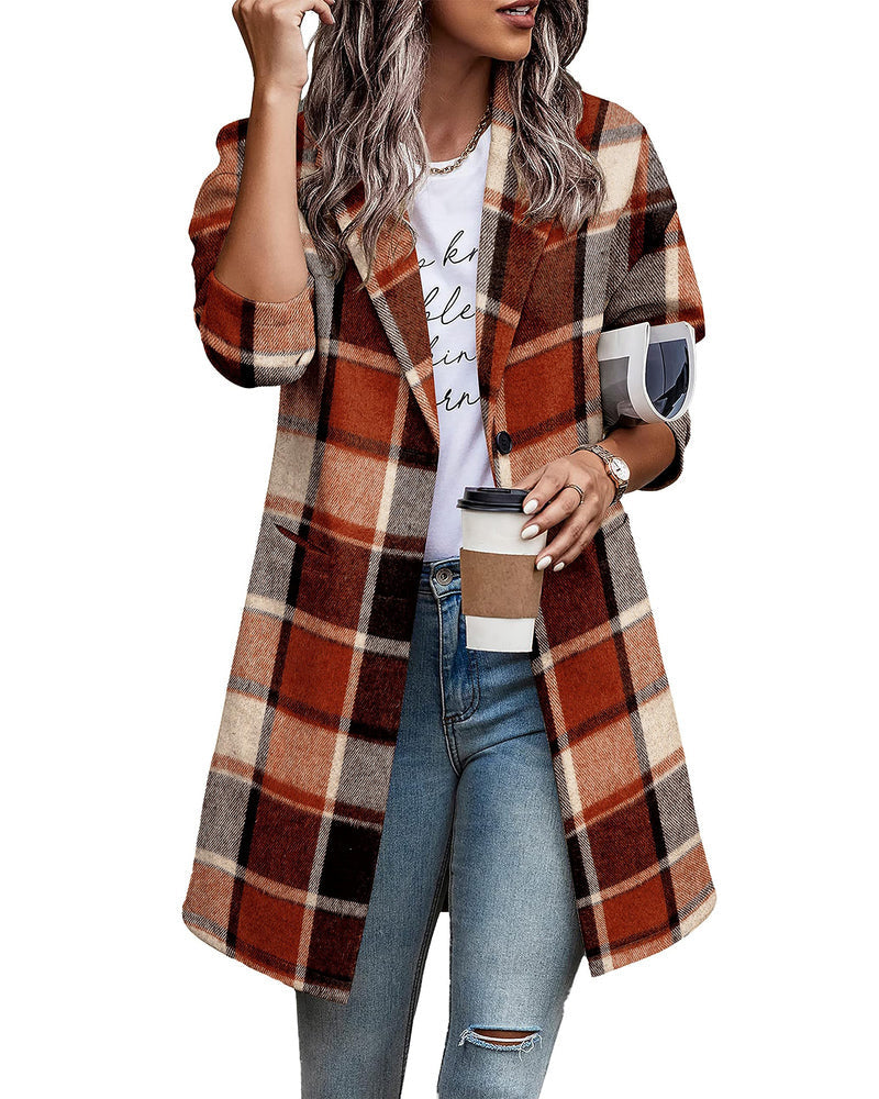 Zeagoo Women 2023 Plaid Jacket Mid Length Trench Coat Fall Wool Pea Coat with Pockets
