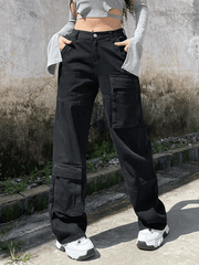 Black Wash Pocket Baggy Cargo Jeans