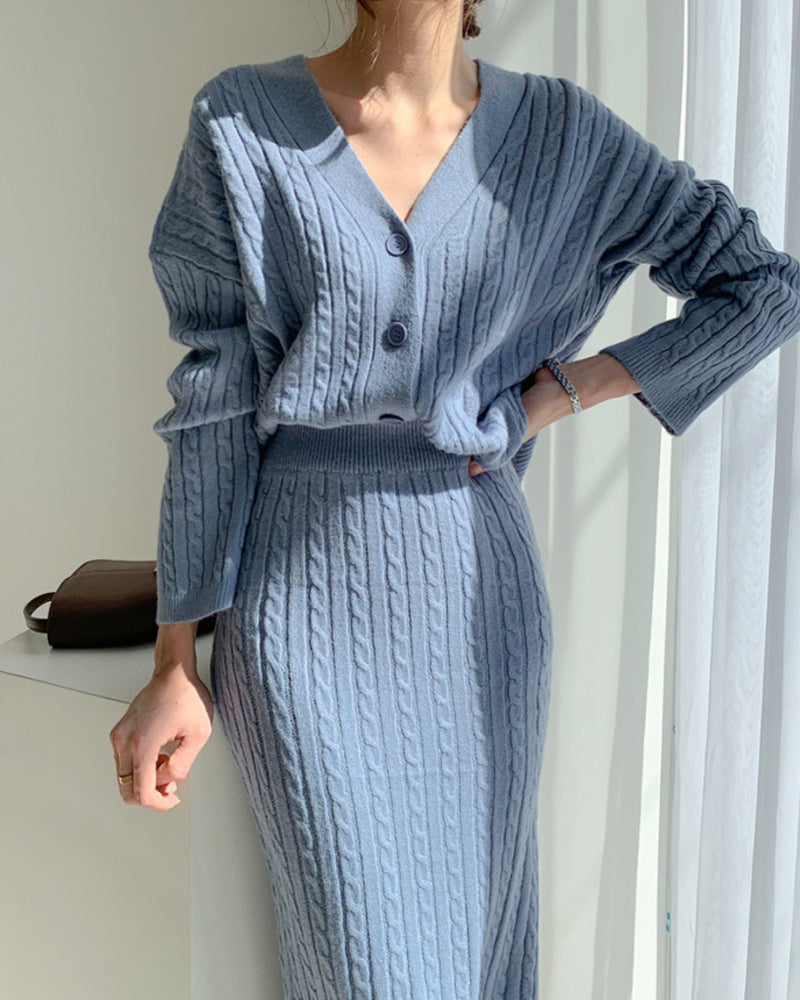 Women's Elegant Two Pieces Sweater Outfits Open Front Cardigan and Bodycon Skirt Sets